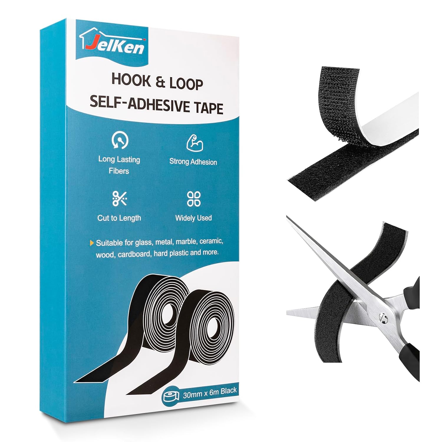 JelKen Hook and Loop Tape 30mm x 6m – Heavy Duty Self-Adhesive, Double-Sided, Black (Cut-to-Length)