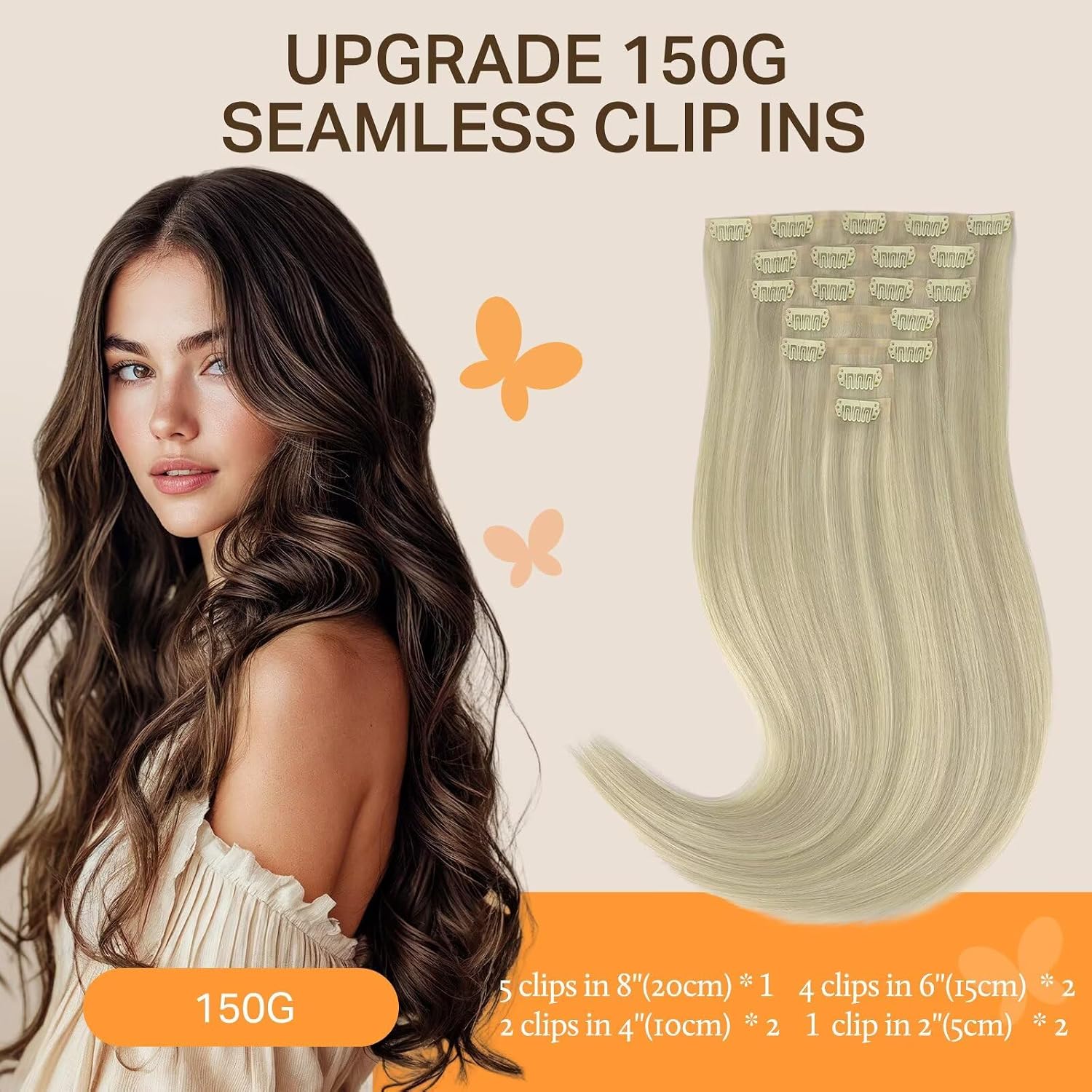 Detalle de DOORES Clip-In Hair Extensions, 18 Inches, Dark Brown Mix (Lightly Aligned), 7-Unit Set