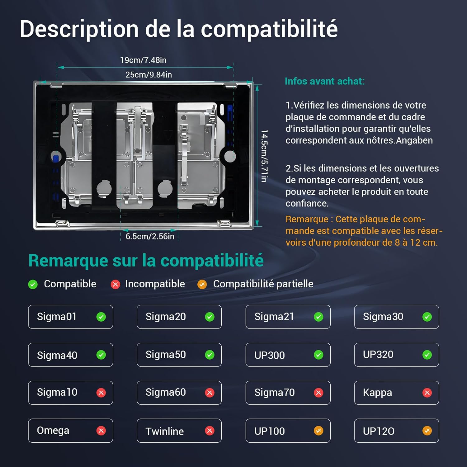 Thumbnail 4 de Empyreal Plaque de déclenchement avec jeu de levier et cadre de montage — compatible Geberit Sigma 01, 20, 30, UP320 et UP300 (Chrome)