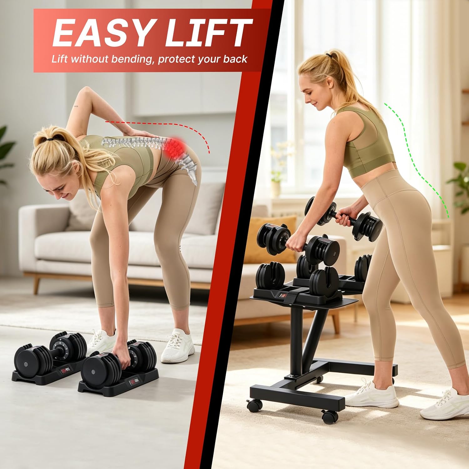 Detalle 2 de EnterSports Adjustable Dumbbell Stand with Wheels, 220 lb Capacity, 5–90 lb Fit