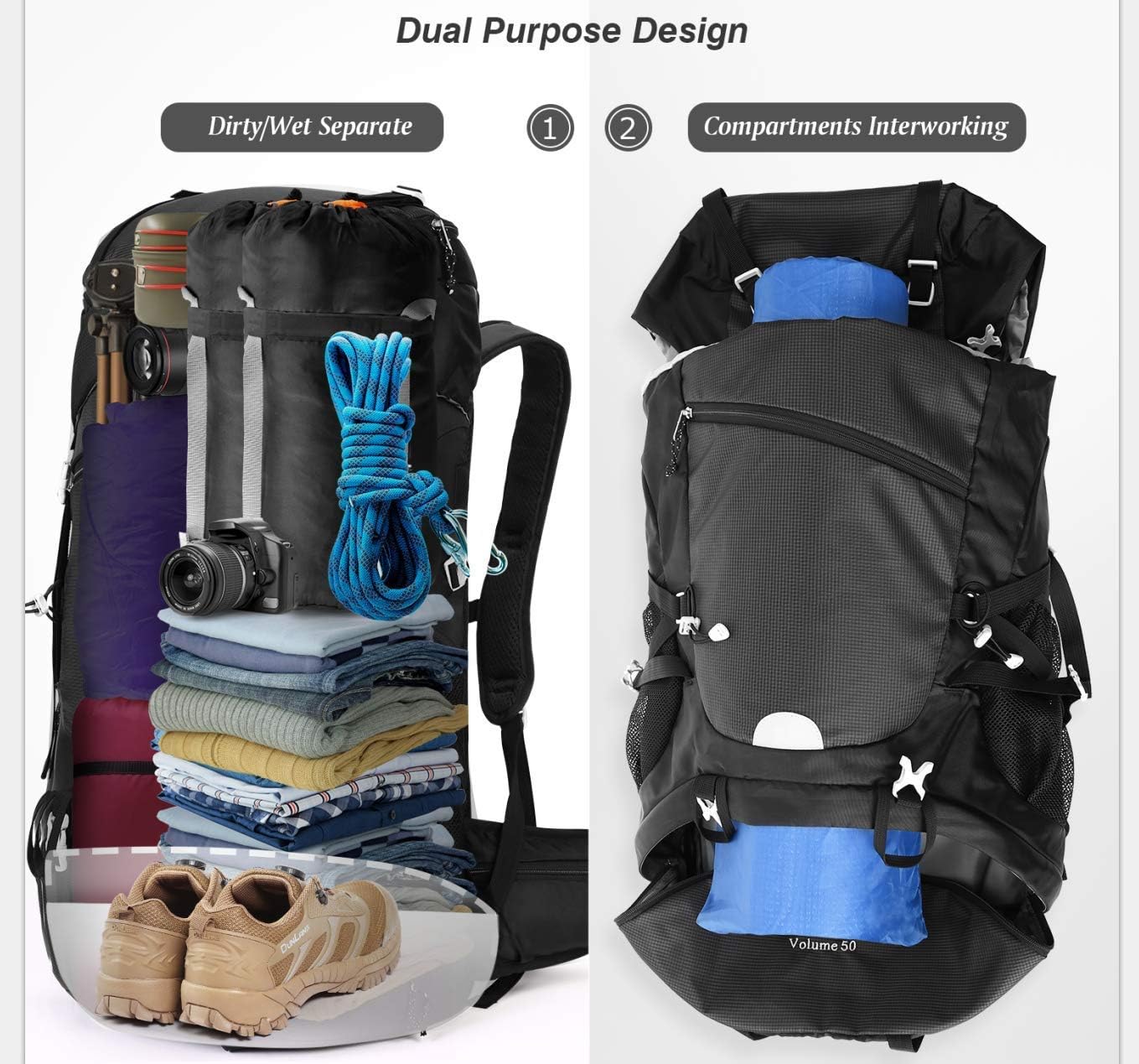 Detalle 2 de HOMIEE 50L Waterproof Hiking Backpack: Durable 50L Trekking Pack for Outdoor Adventures