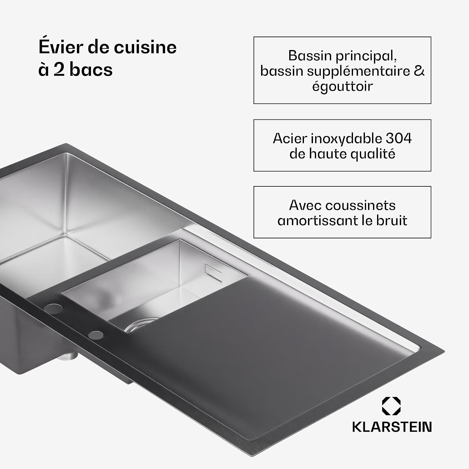 Detalle de Klarstein Évier de cuisine en inox – bac 1,5 avec égouttoir, 100x45 cm, acier inoxydable 304