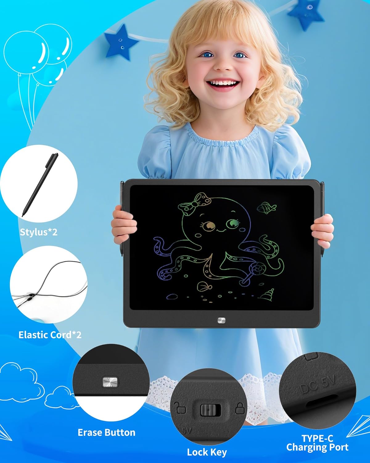 Detalle de Rechargeable 16-Inch LCD Writing Tablet for Kids with Two Styluses (Black)