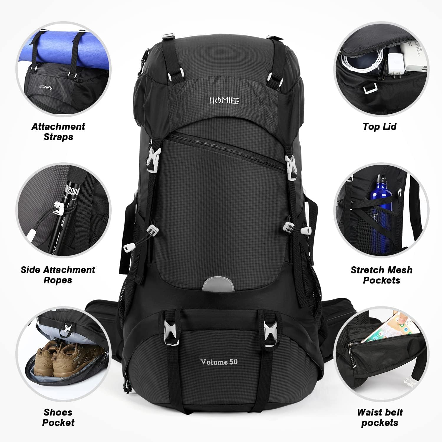 Detalle de HOMIEE 50L Waterproof Hiking Backpack: Durable 50L Trekking Pack for Outdoor Adventures