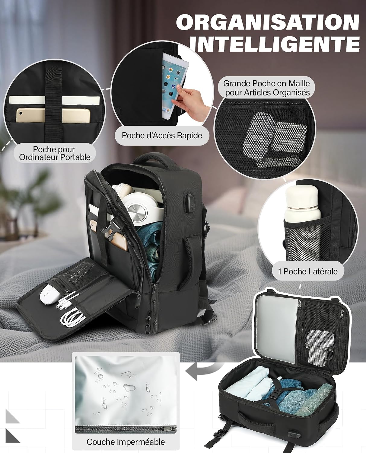 Detalle de VANKEV Bagage Cabine 40x20x25 cm – Sac à dos cabine 20 L pour Ryanair, ordinateur 14 pouces, noir