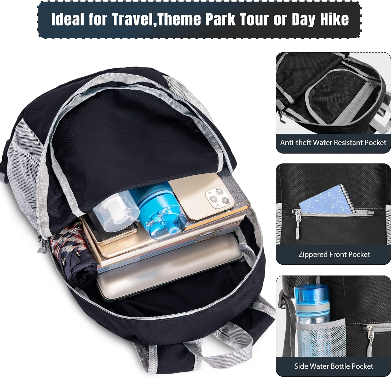 Detalle de ZOMAKE Lightweight Foldable Backpack 20L – packable rucksack for travel, hiking and everyday carry