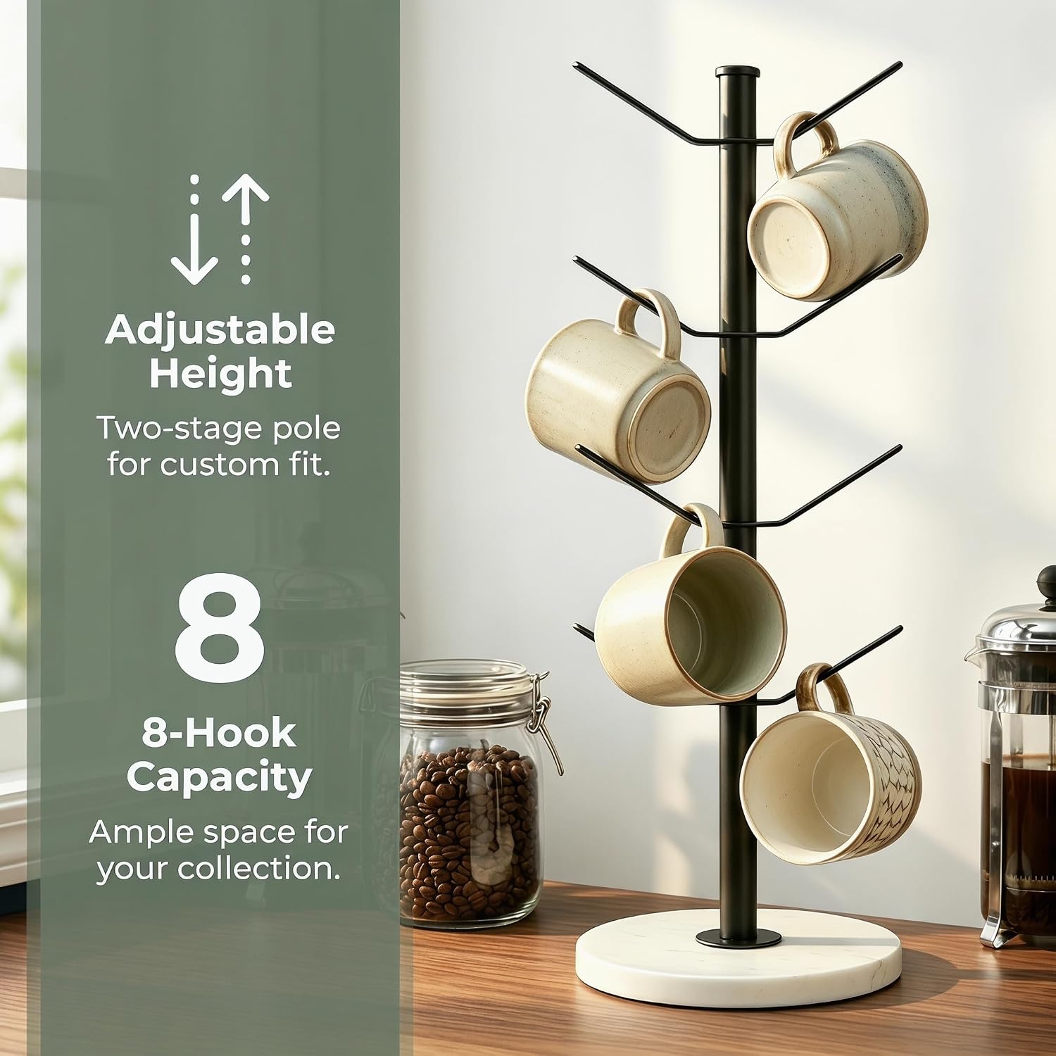 Detalle 2 de Vurixfo Marble Mug Tree Stand: 8-Hook, Stable Marble Base, Adjustable Stainless Steel Holder