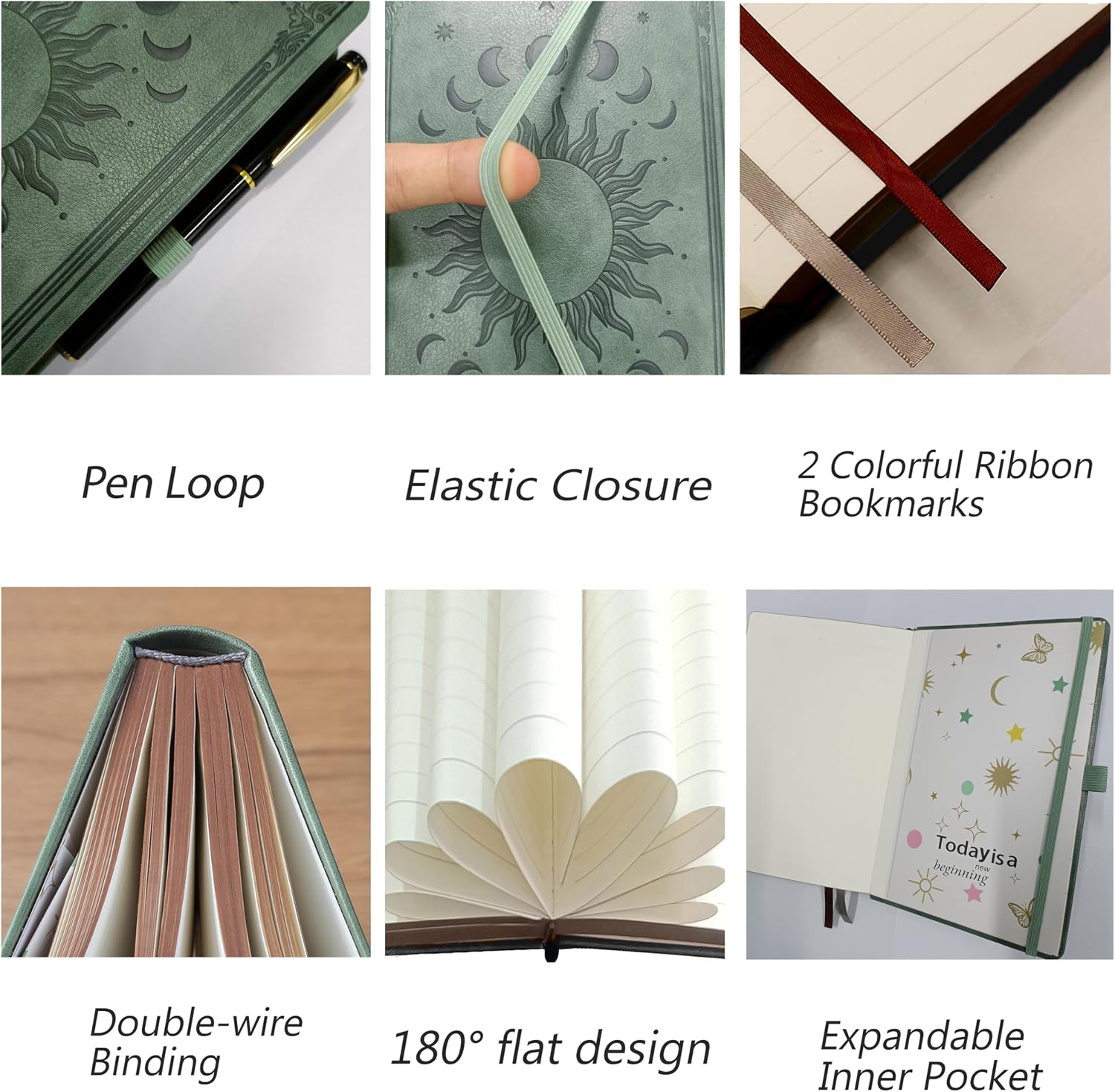 Detalle de HwxBen B5 hardcover journal with pen & vintage sun & moon design (360 pages)