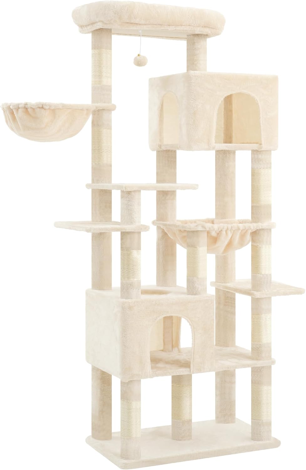 Detalle 2 de Heybly Kratzbaum Groß (193 cm) – mit 2 Katzenhäuschen, Hängematte, Korb und 10 Sisal-Kratzstämmen, Beige HCT039M