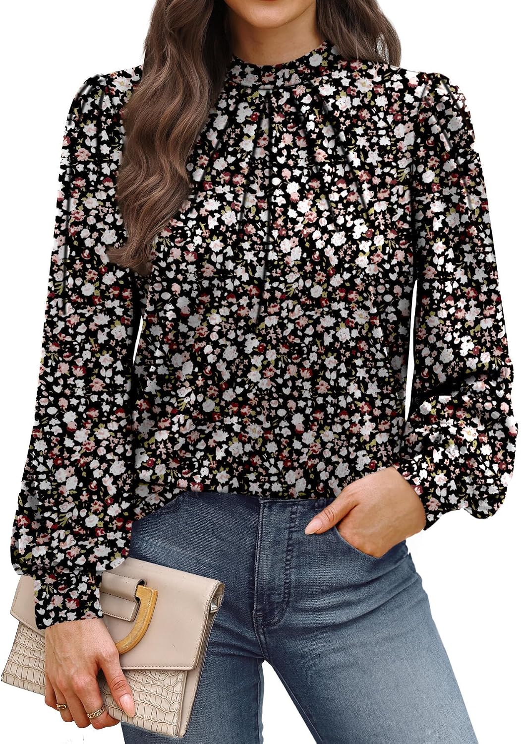 Detalle de WIHOLL Long Sleeve Shirt for Women with Mock Neck and Pleated Front