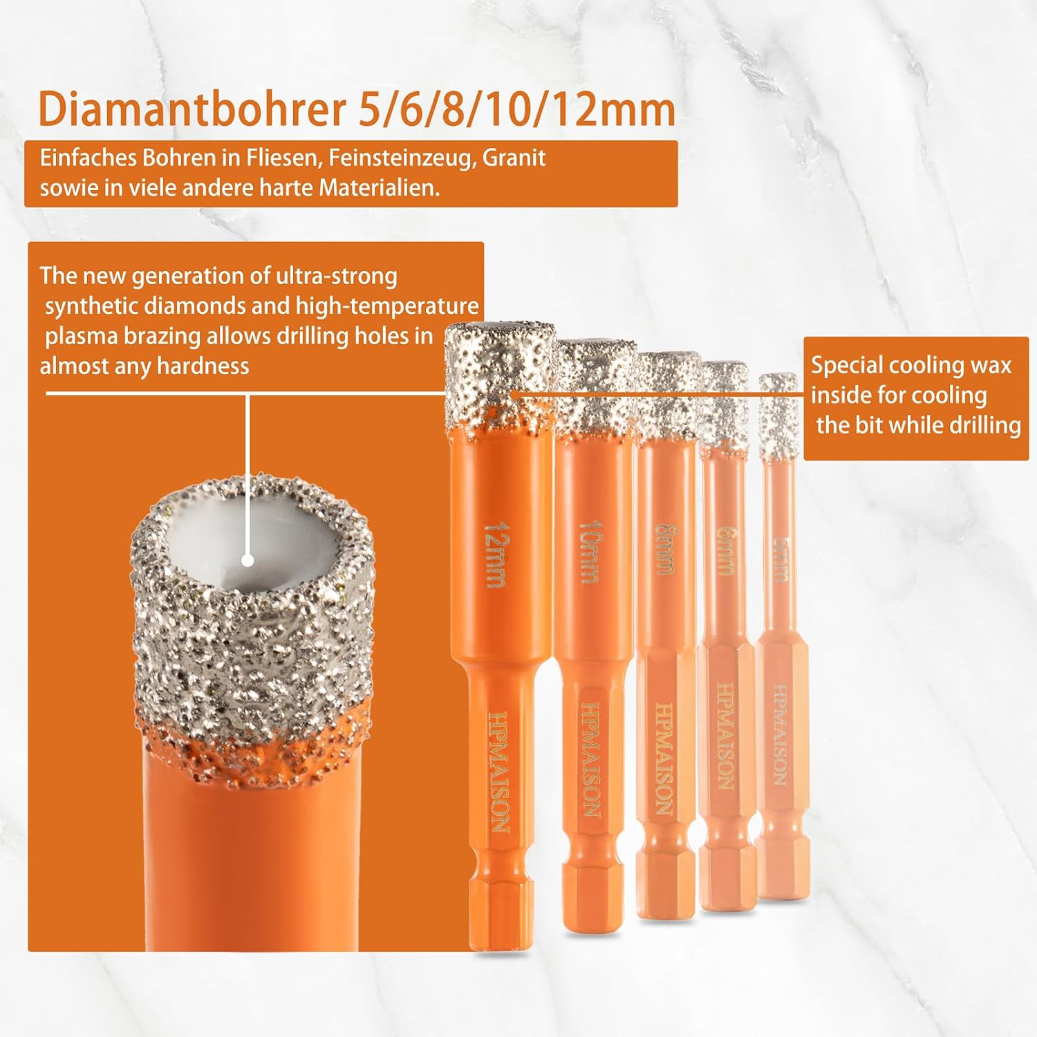 Detalle de HPMAISON Diamantbohrer-Set für Fliesen, Glas & Feinsteinzeug (5-tlg., 1/4" Sechskant, trocken)