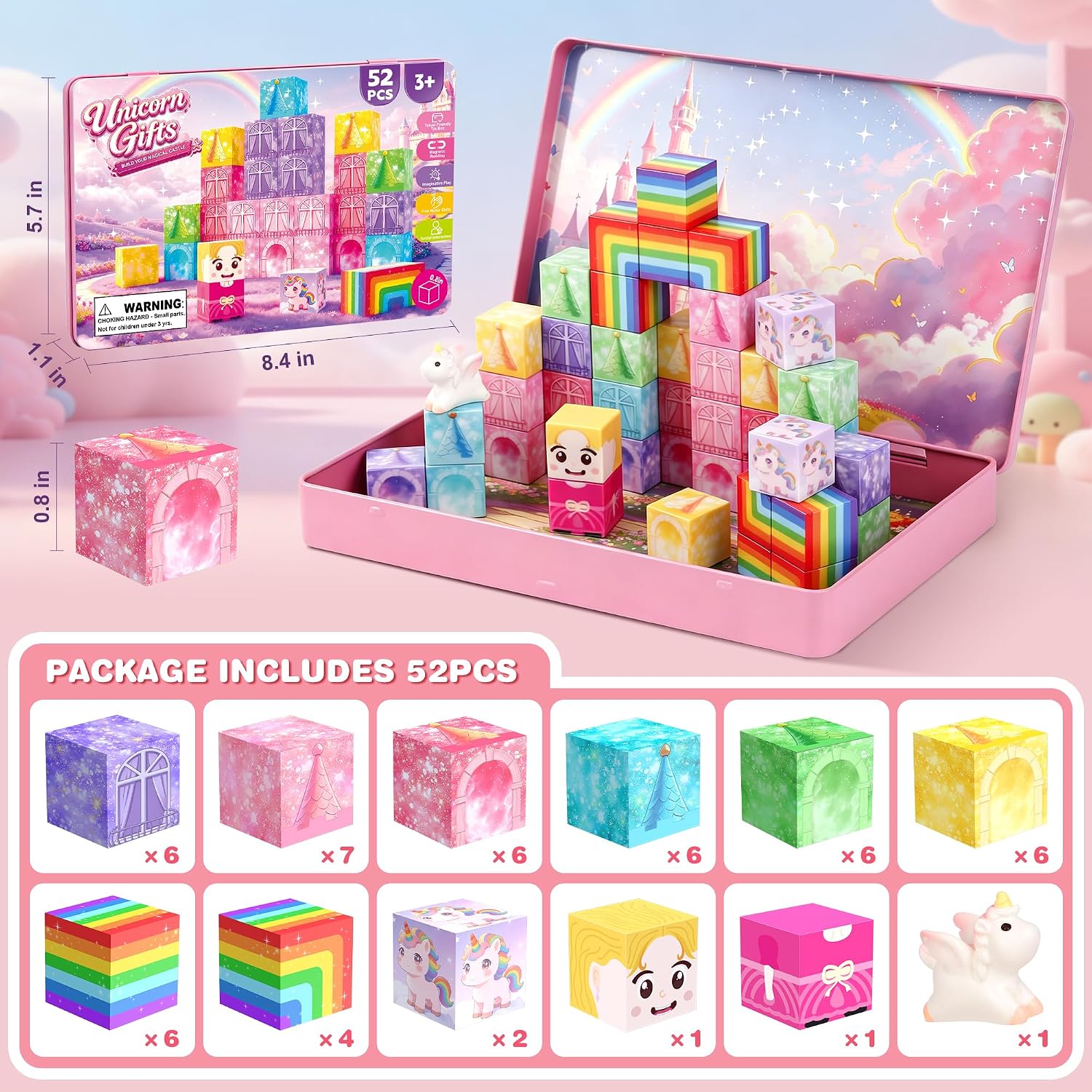 Detalle de Mini Magnetic Blocks Travel Set, 52-Piece Unicorn Building Cubes with Tin Case
