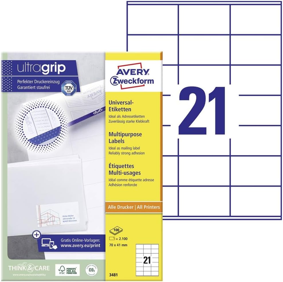 Detalle de AVERY Zweckform 3652 Adressaufkleber – 2.100 Etiketten 70x42,3 mm, matt, selbstklebend
