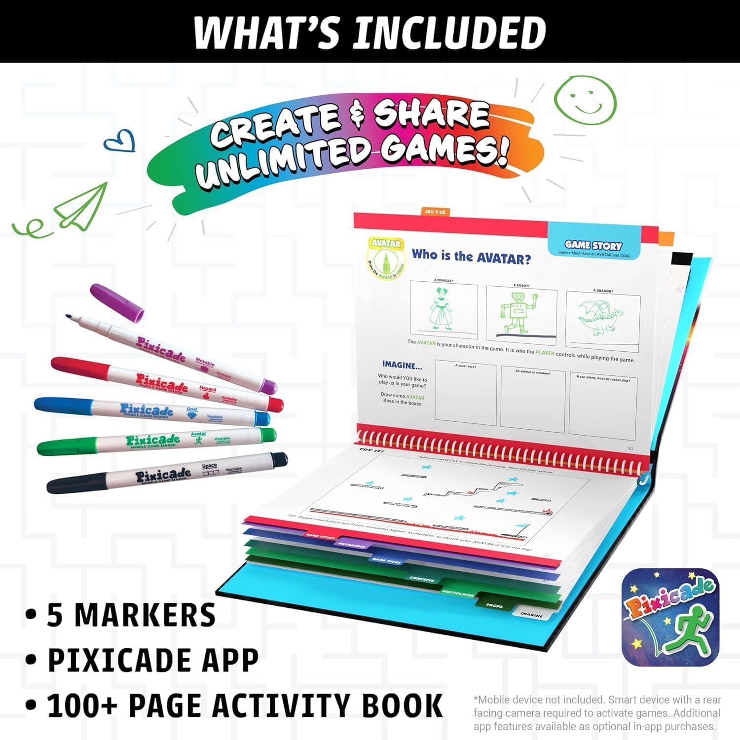 Detalle de Abacus Brands Pixicade – spelbyggarset med 5 tvättbara tuschpennor och 108-sidig bok