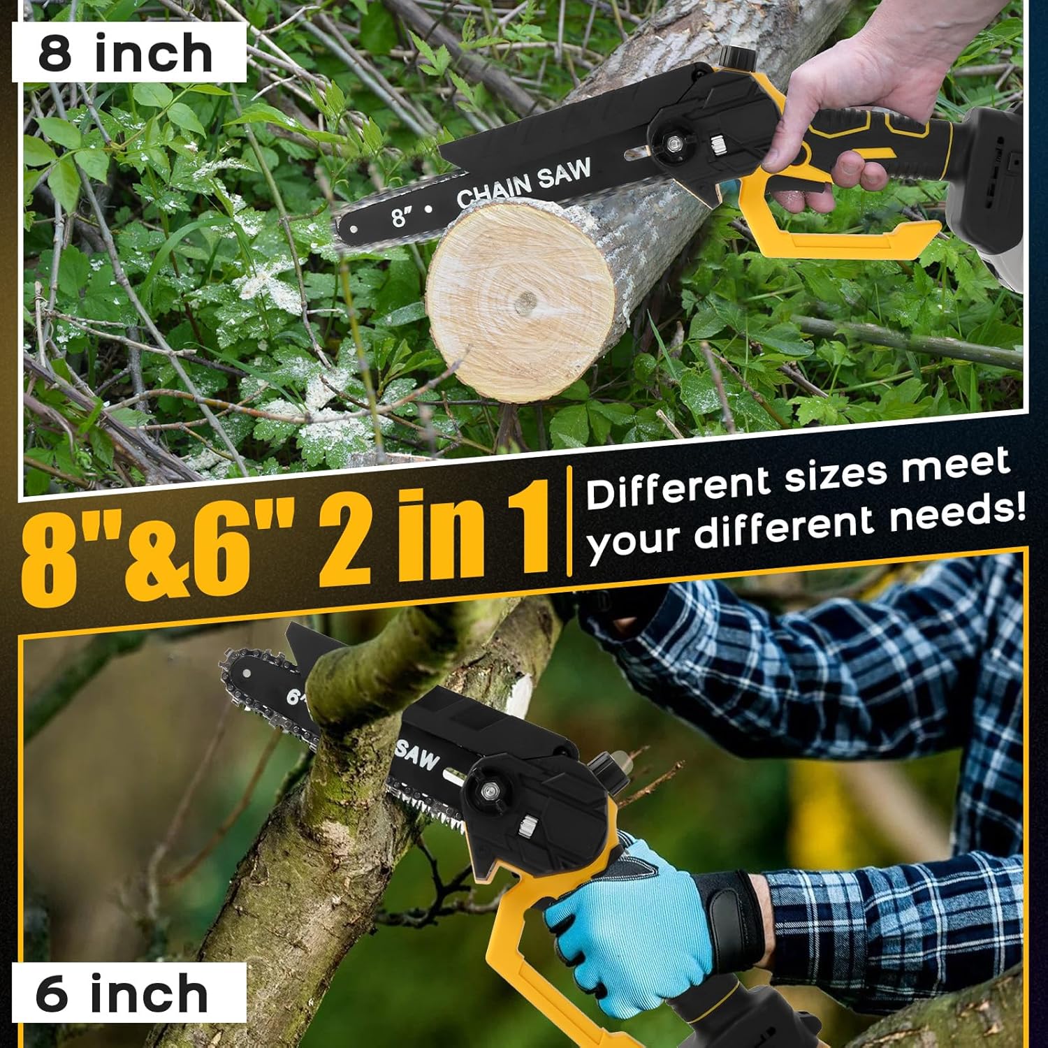 Detalle de panthem 6 Zoll & 8 Zoll Minikettensäge mit 2×3 Ah Akkus – Bürstenlos, Auto-Öler, Ersatzkette, kompatibel mit DeWalt 20V
