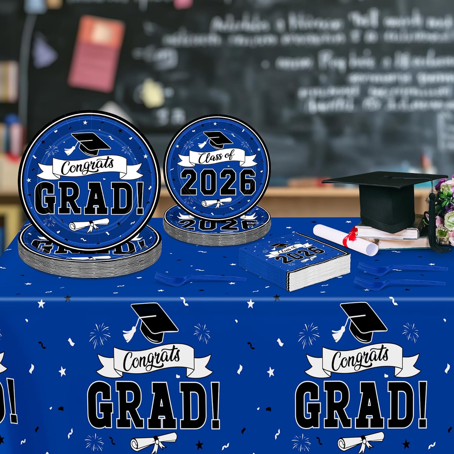 Thumbnail 3 de 122 Pcs 2026 Graduation Decorations Set: Blue Congrats Grad Dinnerware for Class of 2026 Party