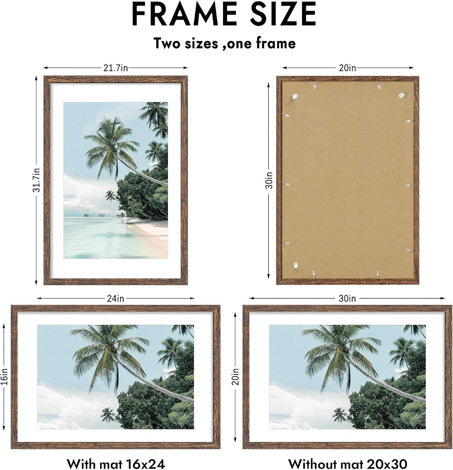 Detalle de Hongkee 20x30 Frame in Rustic Brown Wood Style — Display Posters 16x24 with Mat or 20x30 without Mat