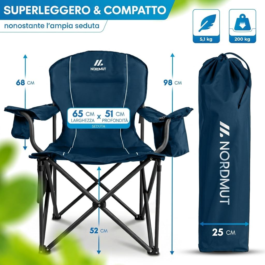 Thumbnail 1 de NORDMUT Sedia da campeggio pieghevole leggera con borsa frigo, portabicchieri e portata 200 kg (Blu 1x)