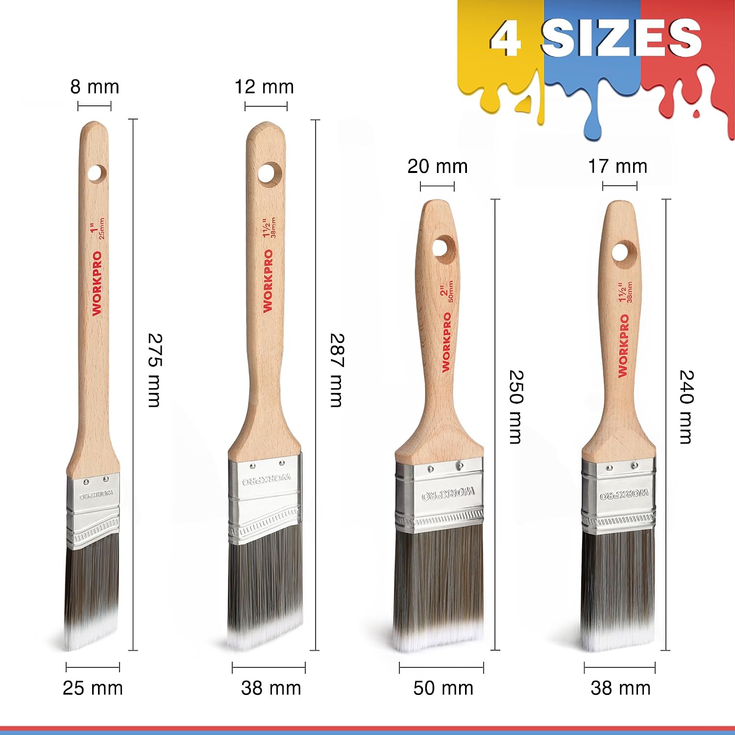 Detalle de WORKPRO 4-Piece Professional Paint Brush Set (25 mm, 38 mm, 50 mm) for Walls, Ceilings & Staining