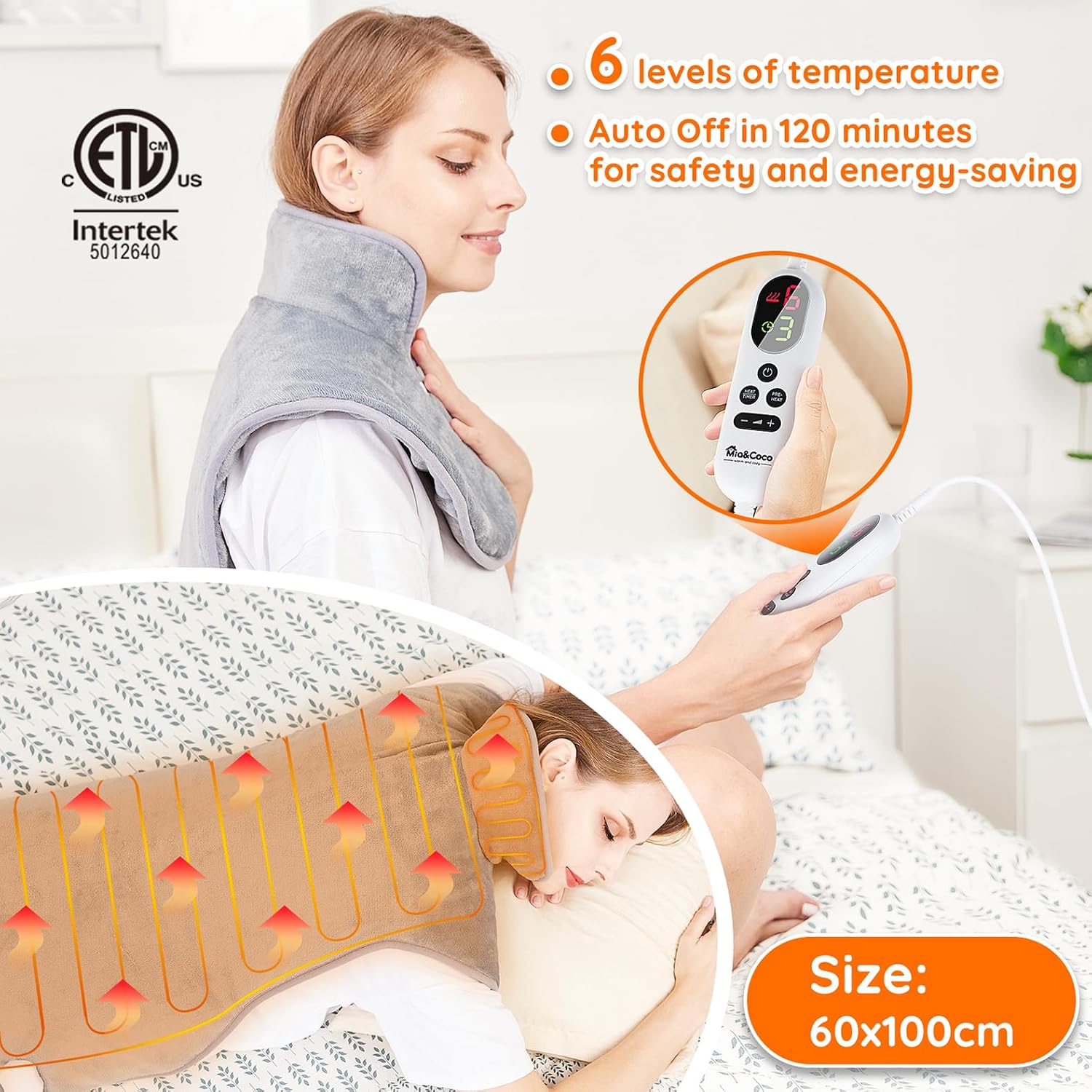 Detalle de Mia&Coco Electric Heating Pad for Back, Neck & Shoulders Pain Relief (XL 60x100cm) – Grey