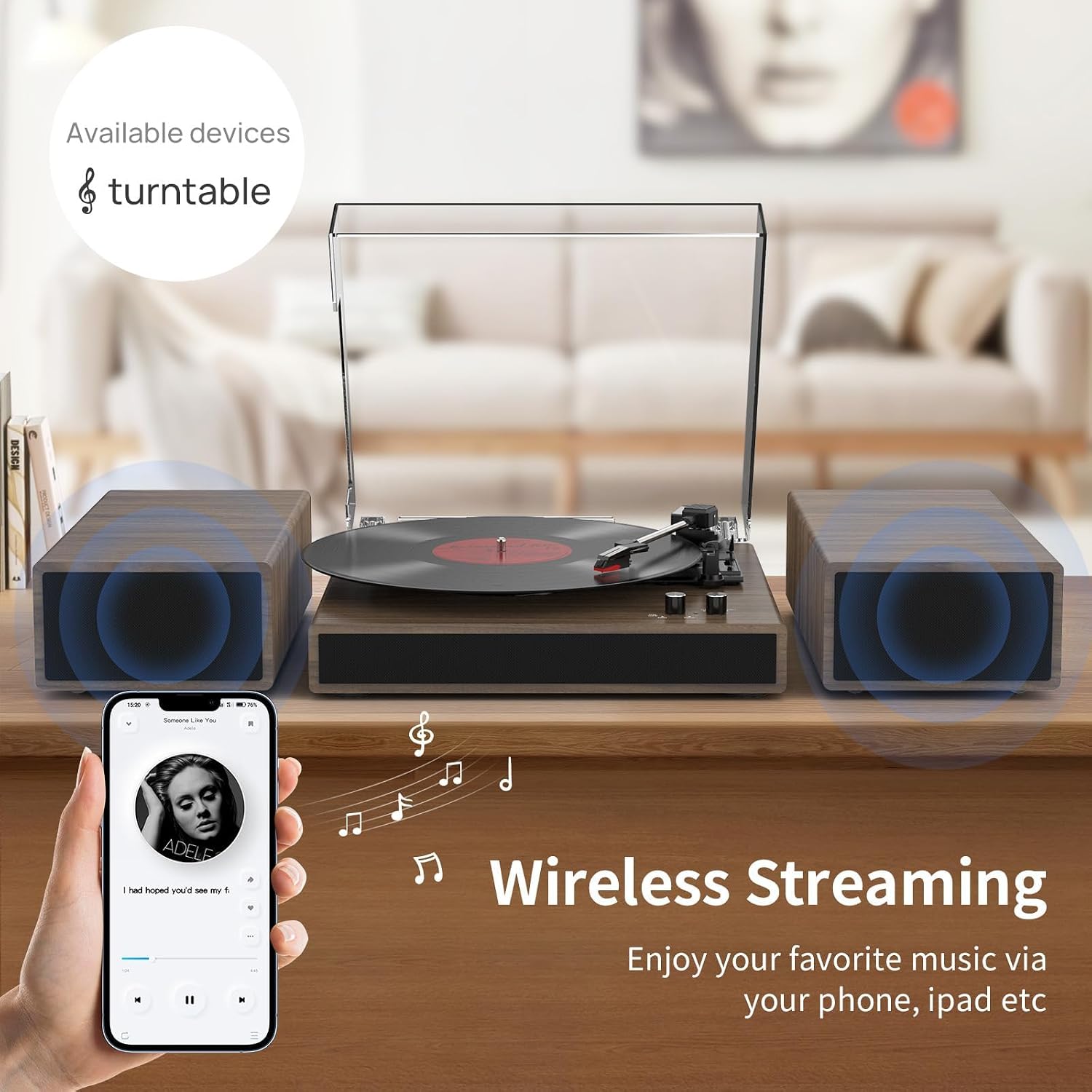 Detalle de RetroAudio Belt-Drive Record Player with Bluetooth, 3 Speeds and Dual Speakers