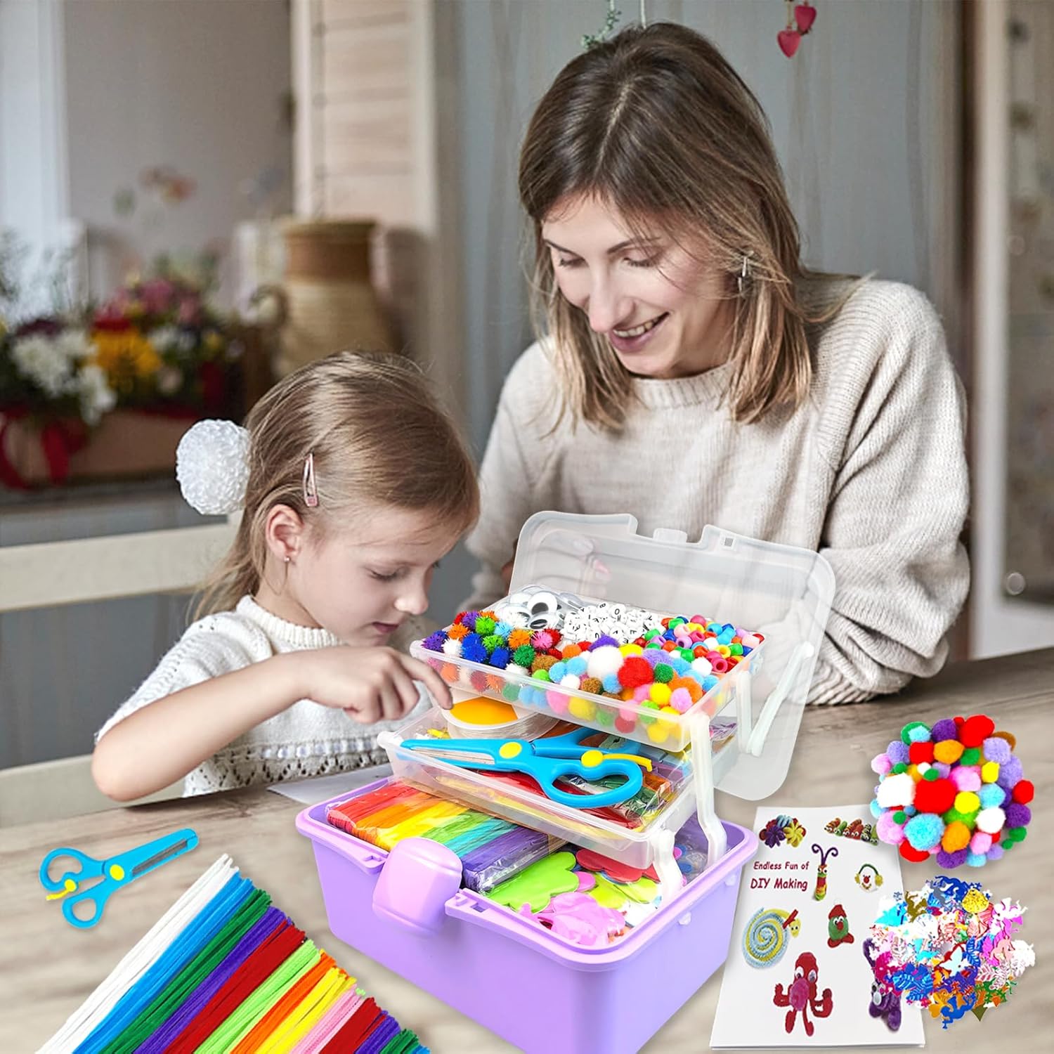 Detalle de 3000‑teiliges Bastelset Kinder Bastelkoffer – inkl. Pfeifenreiniger, Papier, Perlen und mehr, Lila