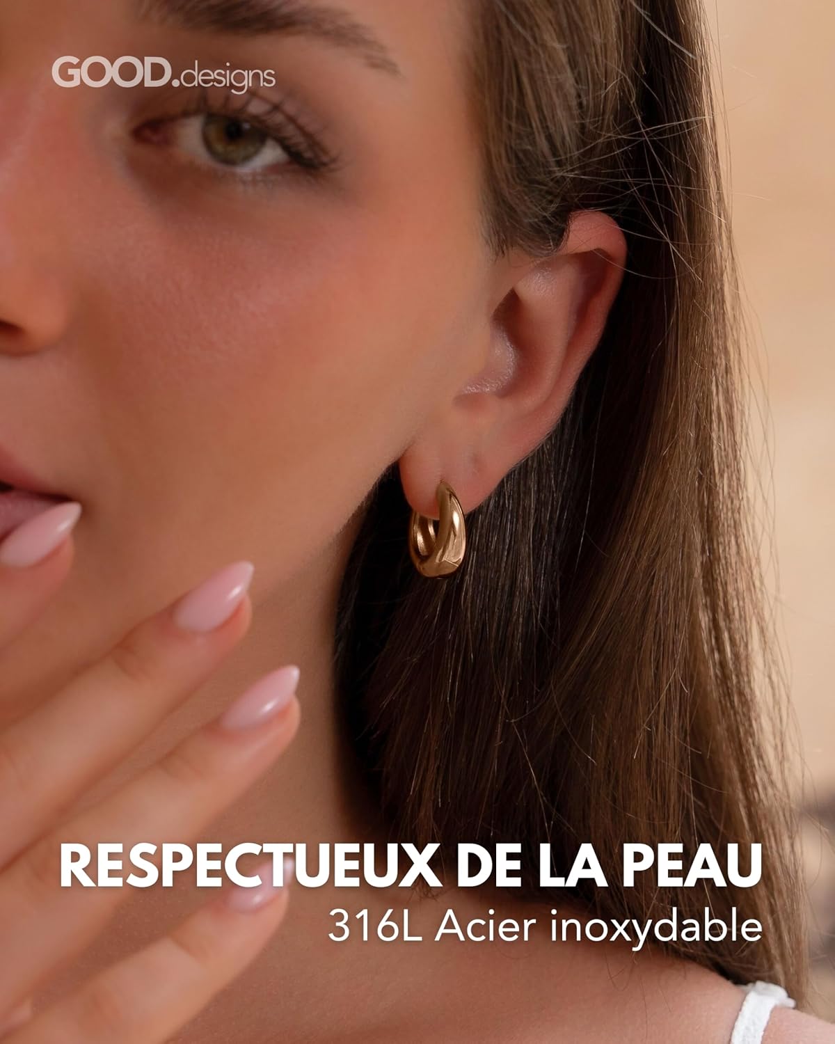 Detalle 2 de GD GOOD.designs – Créoles en acier inoxydable pour femme, mini boucles de 18 mm (or 18K, or rose ou argent)