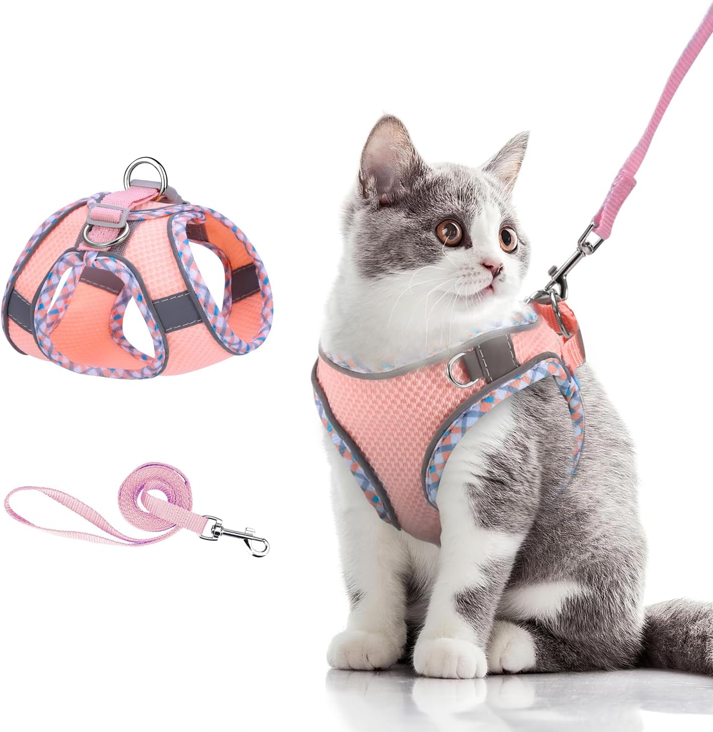 Detalle de Brifit Cat Harness and Lead Set (Soft Mesh, Escape-Proof Vest) with Reflective Kitten Harness, Pink, XXS
