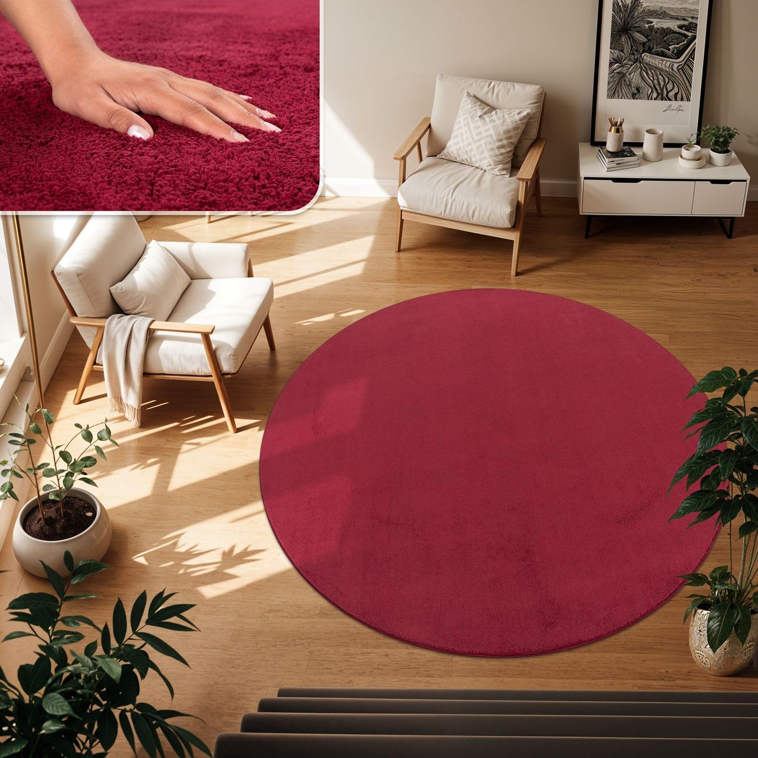 Detalle de Teppich 160 cm rund Kurzflor rot