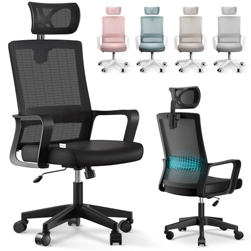 Detalle de JUPPLIES silla de escritorio ergonómica ajustable y reclinable con soporte lumbar, reposacabezas y malla transpirable (hasta 120 kg, negro)