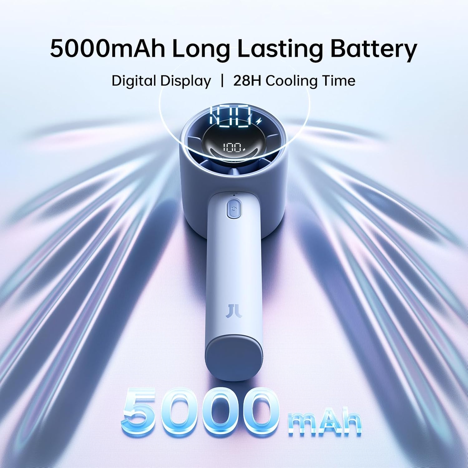 Detalle de JISULIFE Portable Handheld Turbo Fan (5000mAh) – 5 Speeds, LED Display, 28H Runtime