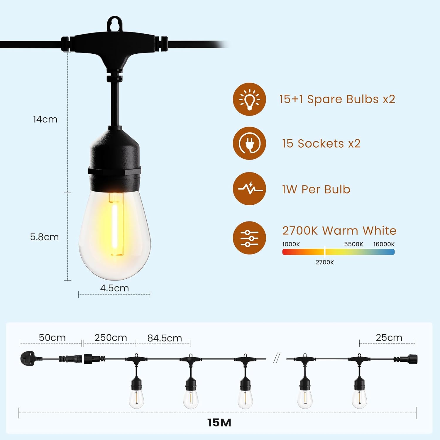 Thumbnail 6 de Yuucio S14 100FT Catena Luminosa Esterno IP65 con 32 Lampadine S14 da 1W – Luce Bianca Calda 2700K