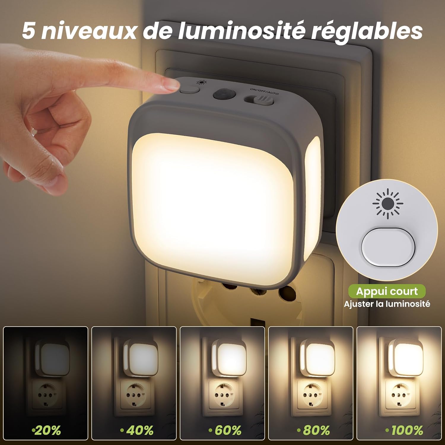 Thumbnail 4 de PALATALA PAL301 set van 2 stopcontactnachtlampjes met schemersensor, 5 lichtstanden en 3000 K