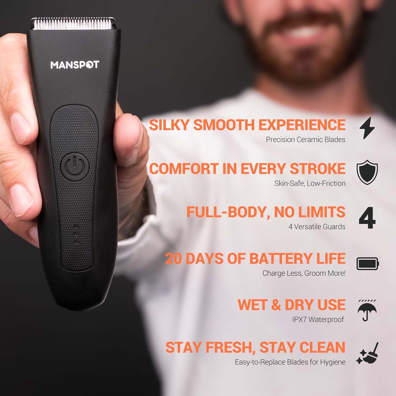 Detalle de MANSPOT Body Hair Trimmer for Men – Hypoallergenic Ceramic Blade, IPX7 Wet/Dry Groomer with 4 Guide Combs