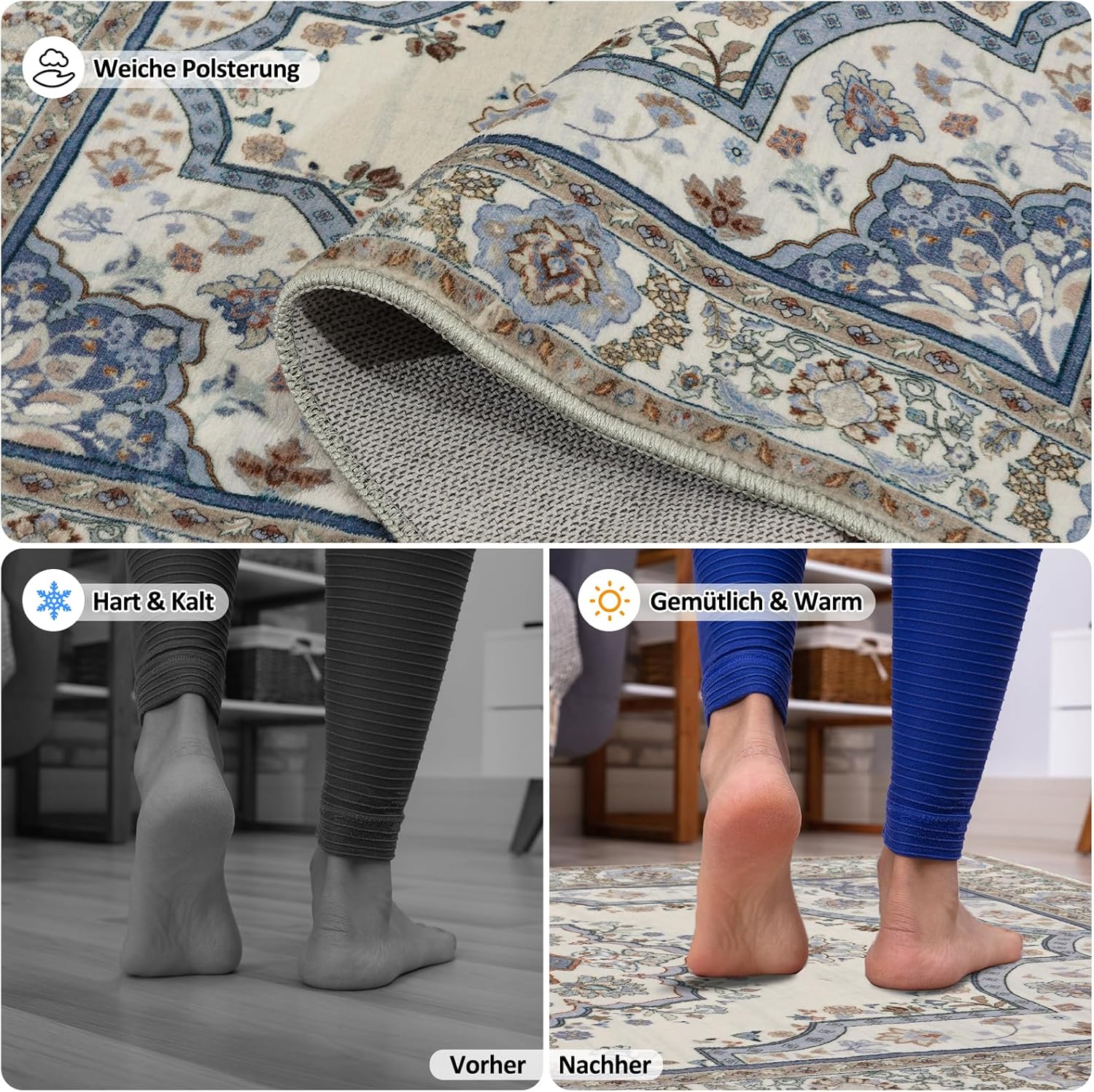 Thumbnail 3 de MAST DOO Teppich Wohnzimmer 140x200 cm – Boho Blumen Kurzflor, Waschbar, Blau-Weiß, rutschfest