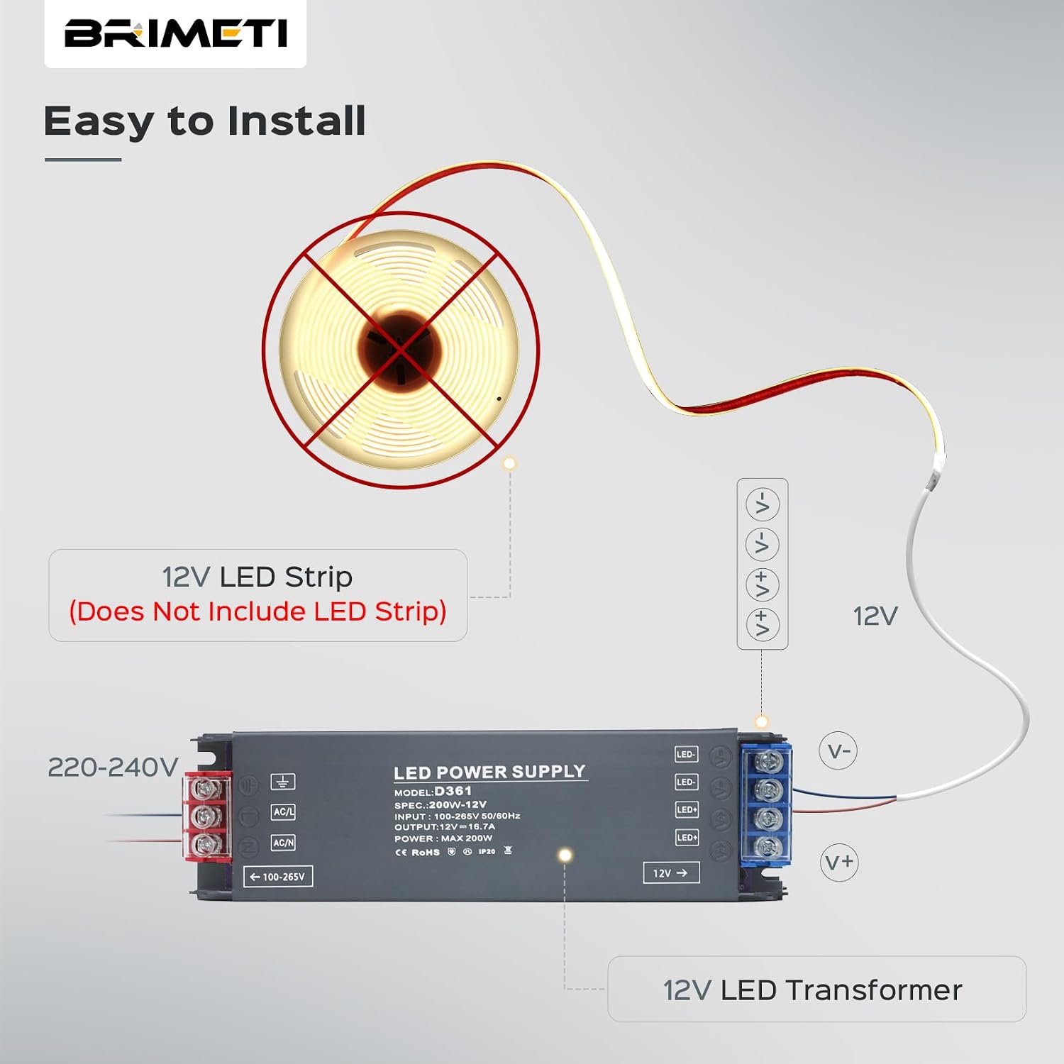Detalle de BRIMETI 240V to 12V LED Driver (100W) – Ultra Slim 12V DC Transformer