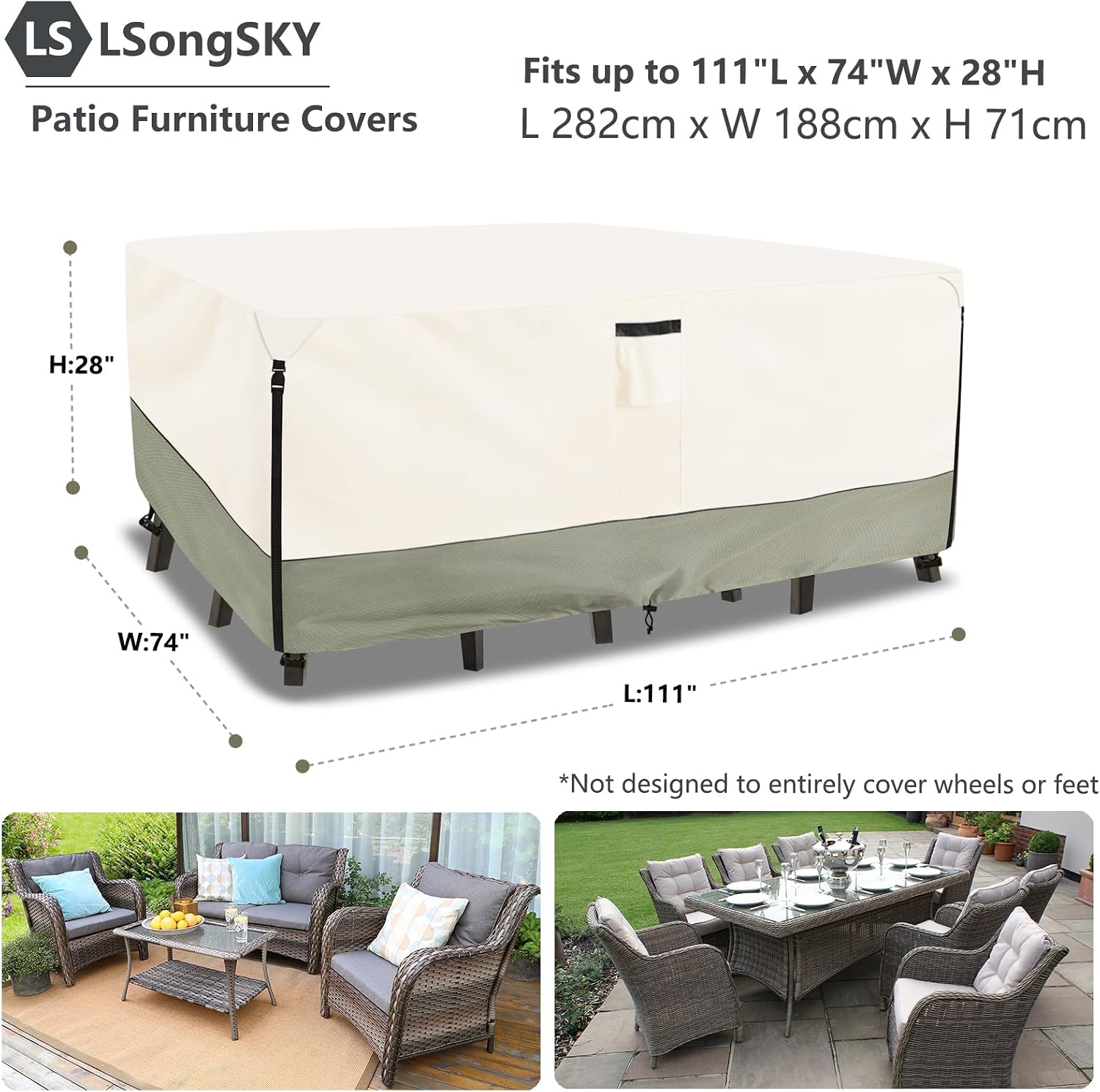 Detalle de LSongSKY Rectangular 111"L x 74"W Patio Furniture Cover, 600D Oxford, Beige