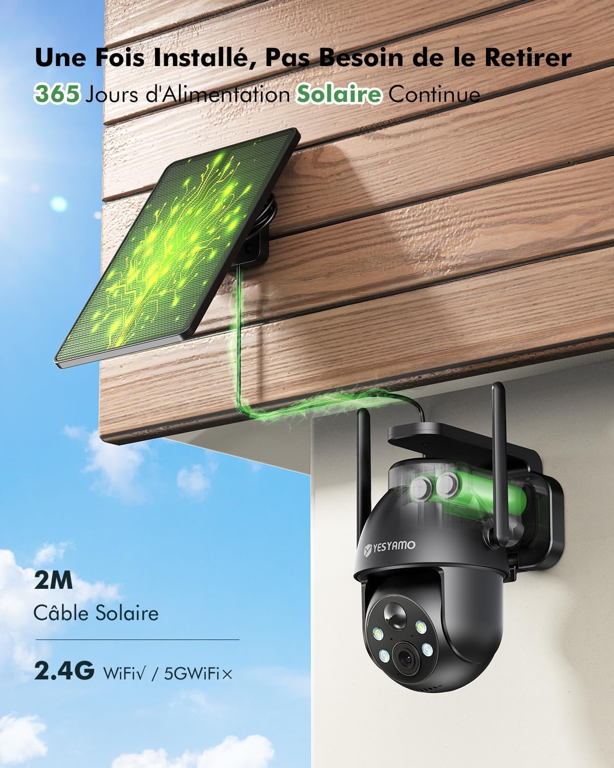 Detalle de YESYAMO 2K Caméra de surveillance extérieure sans fil solaire
