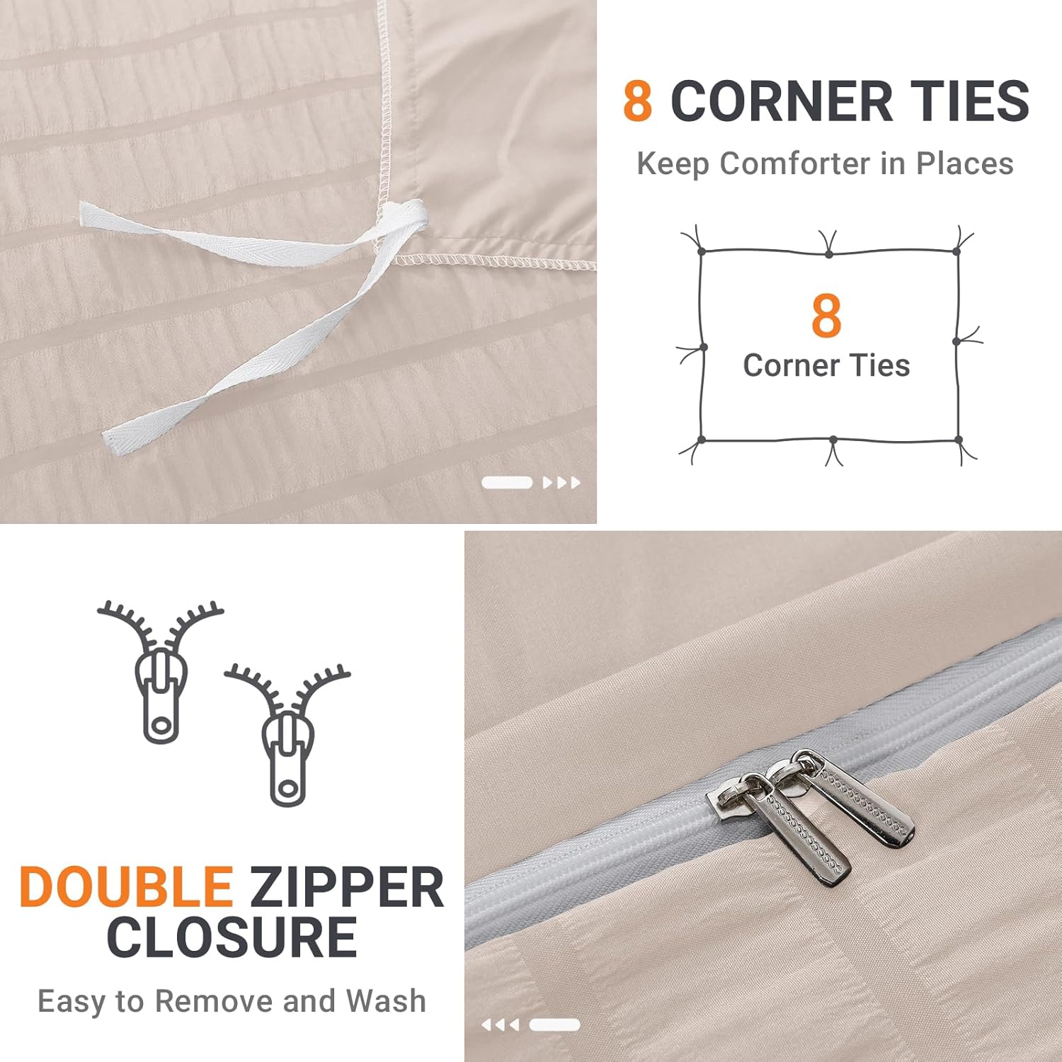 Detalle de HYMOKEGE Beige Queen Duvet Cover Set (3-Piece) — Seersucker Microfiber with Zipper & 8 Corner Ties