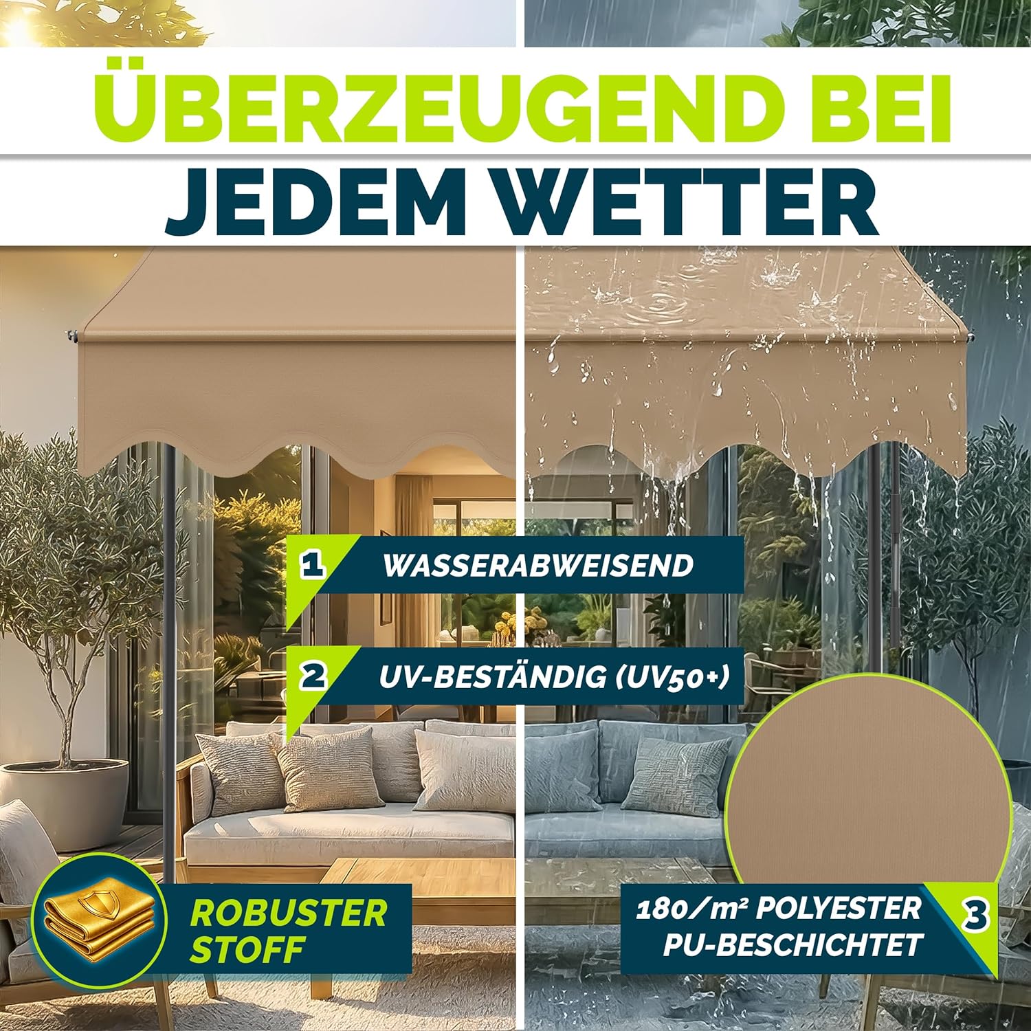 Thumbnail 3 de tillvex Klemmmarkise mit Handkurbel – Balkonmarkise ohne Bohren, UV-beständig, höhenverstellbar (Taupe, 400 cm)