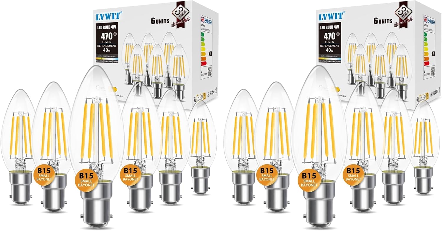 Detalle 2 de LVWIT 4W B15 Small Bayonet LED Filament Candle Bulb (470Lm, 2700K) – 6-Pack