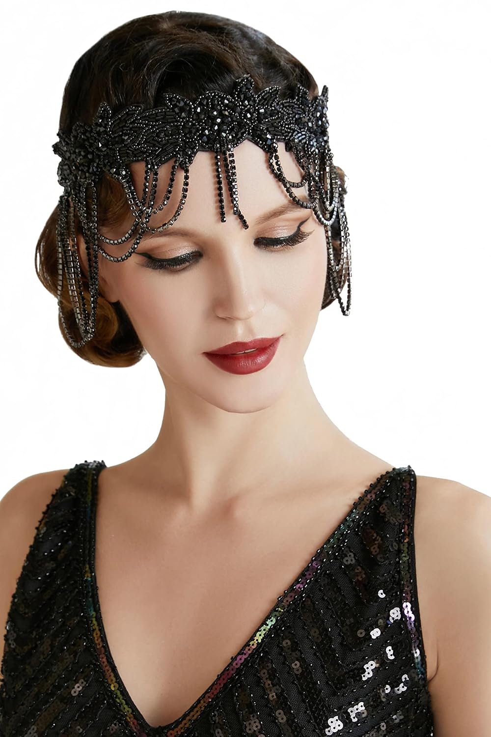 Detalle de BABEYOND 1920s Flapper Headpiece with Crystal Rhinestones and Beaded Chains
