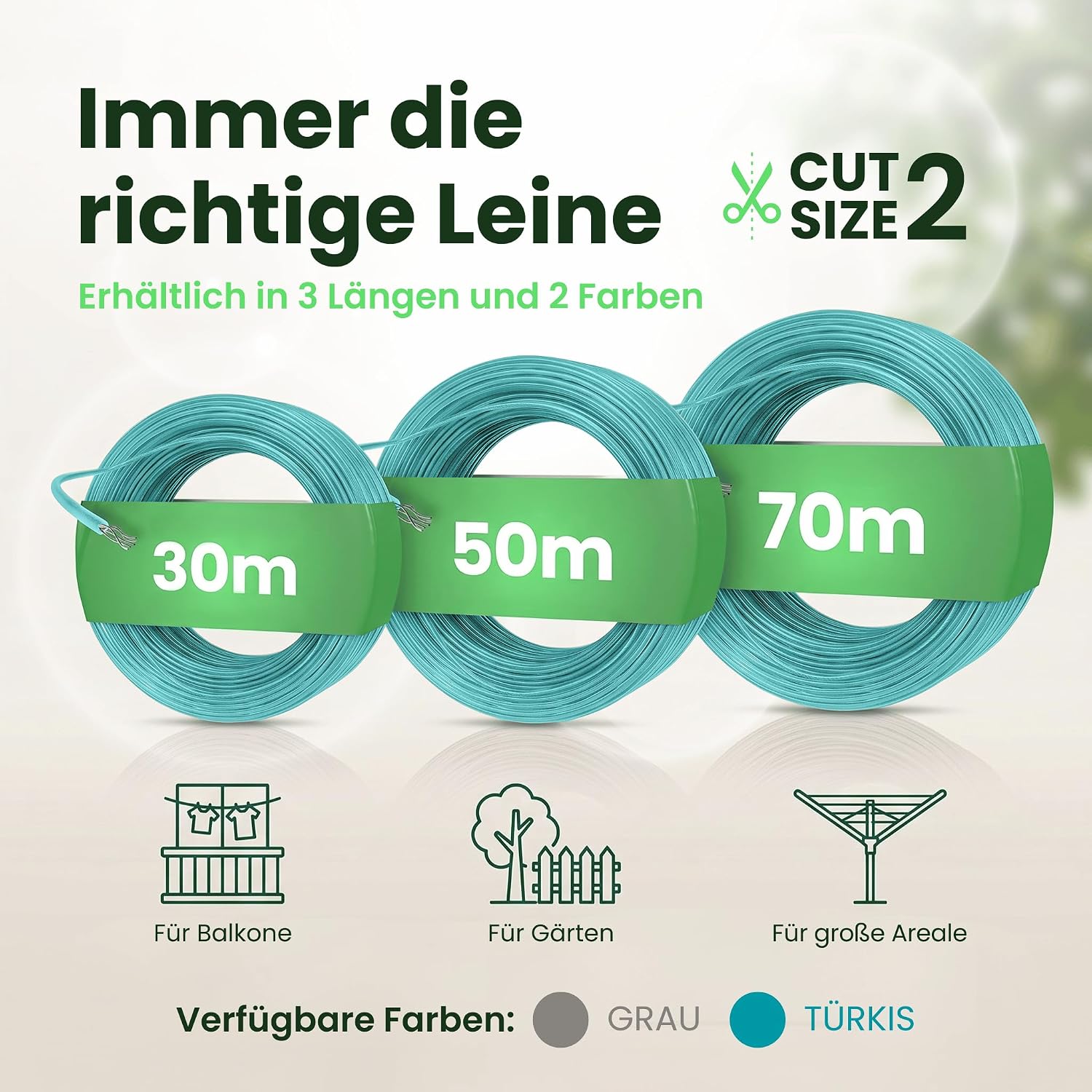 Detalle de SimplySmooth Wäscheleine 70m – Starke Außenleine mit Stahlkern, türkis