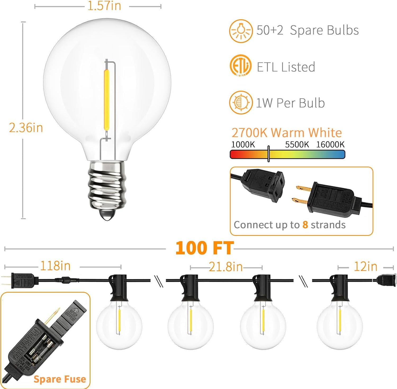 Detalle 2 de Svater 100 FT Outdoor String Lights, 52 Shatterproof Warm White LED Bulbs