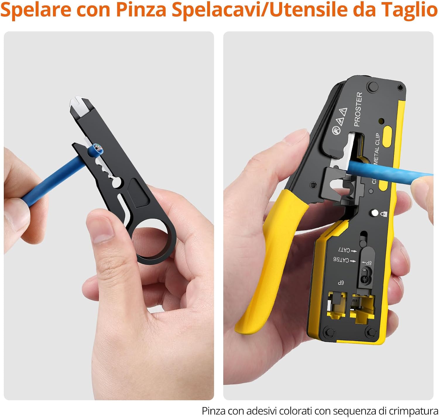 Detalle de Proster Pinza Crimpatrice RJ45 Pass Through Multifunzione: Kit completo per connettori Cat5/6/7 con 50 connettori e protezioni