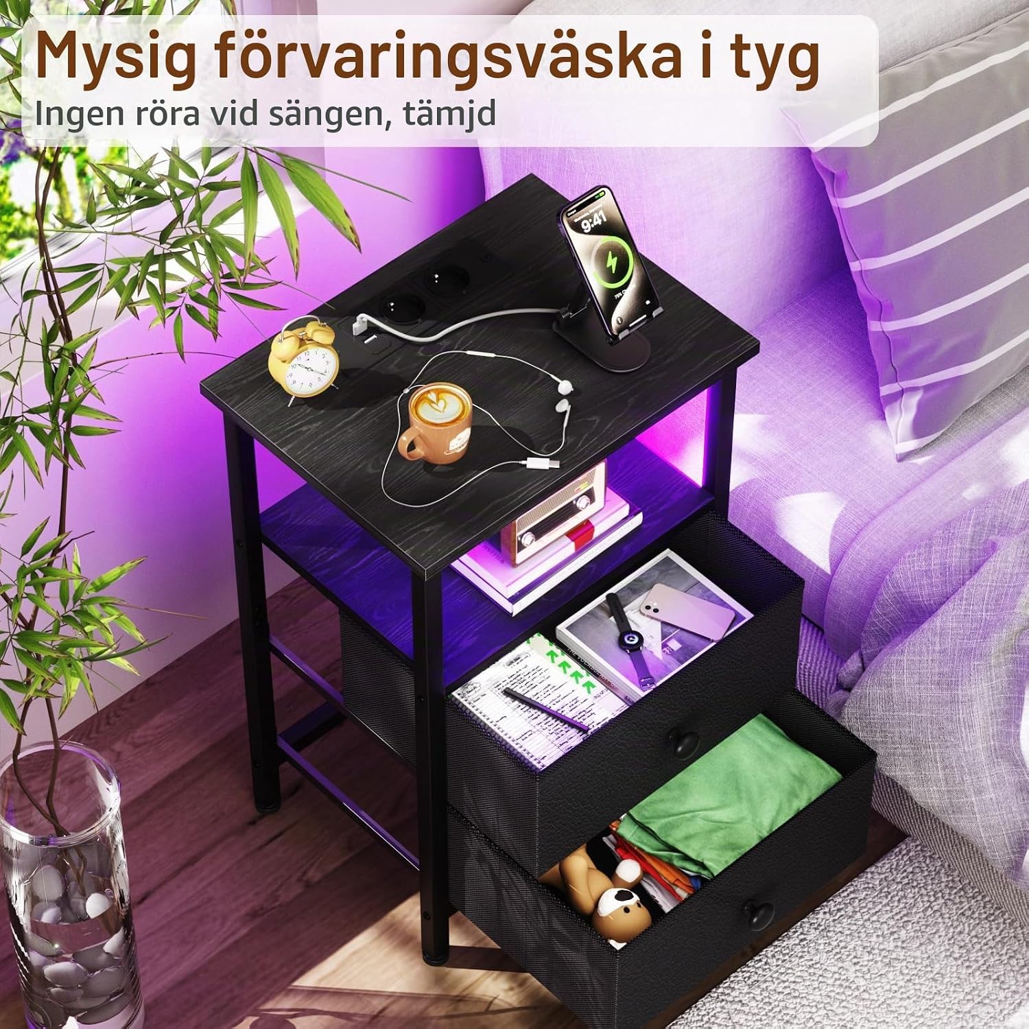 Detalle de AMHANCIBLE HETS02BK-1 sängbord med RGB LED, laddstation och två tyglådor