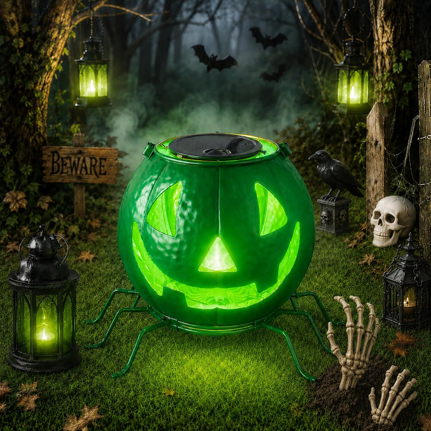 Detalle de Mantunt Solar Halloween Pumpkin Lantern with Green Flickering Flame and Spider Legs