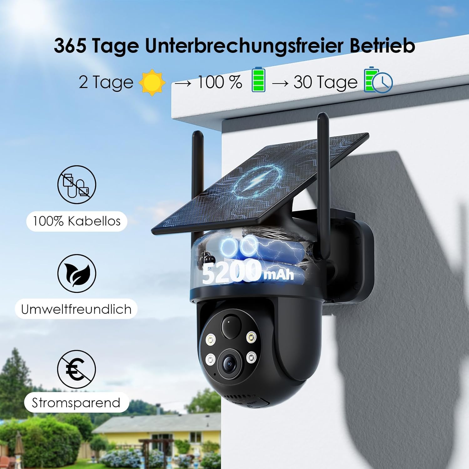 Detalle 2 de CZEview 2K 3MP Überwachungskamera Außen Solar - kabellos, 360° PTZ, Farb- und Nachtaufnahme