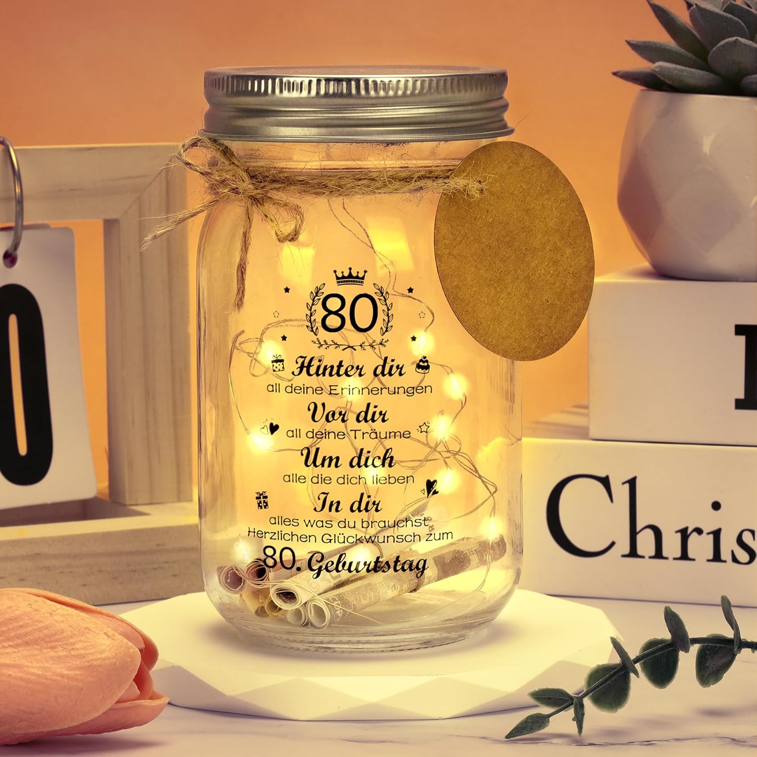 Thumbnail 2 de 18. Geburtstagsgeschenk Geld-Leuchtflasche LED Flaschenlicht (transparentes Glas, personalisierbar) – für 18 Jahre