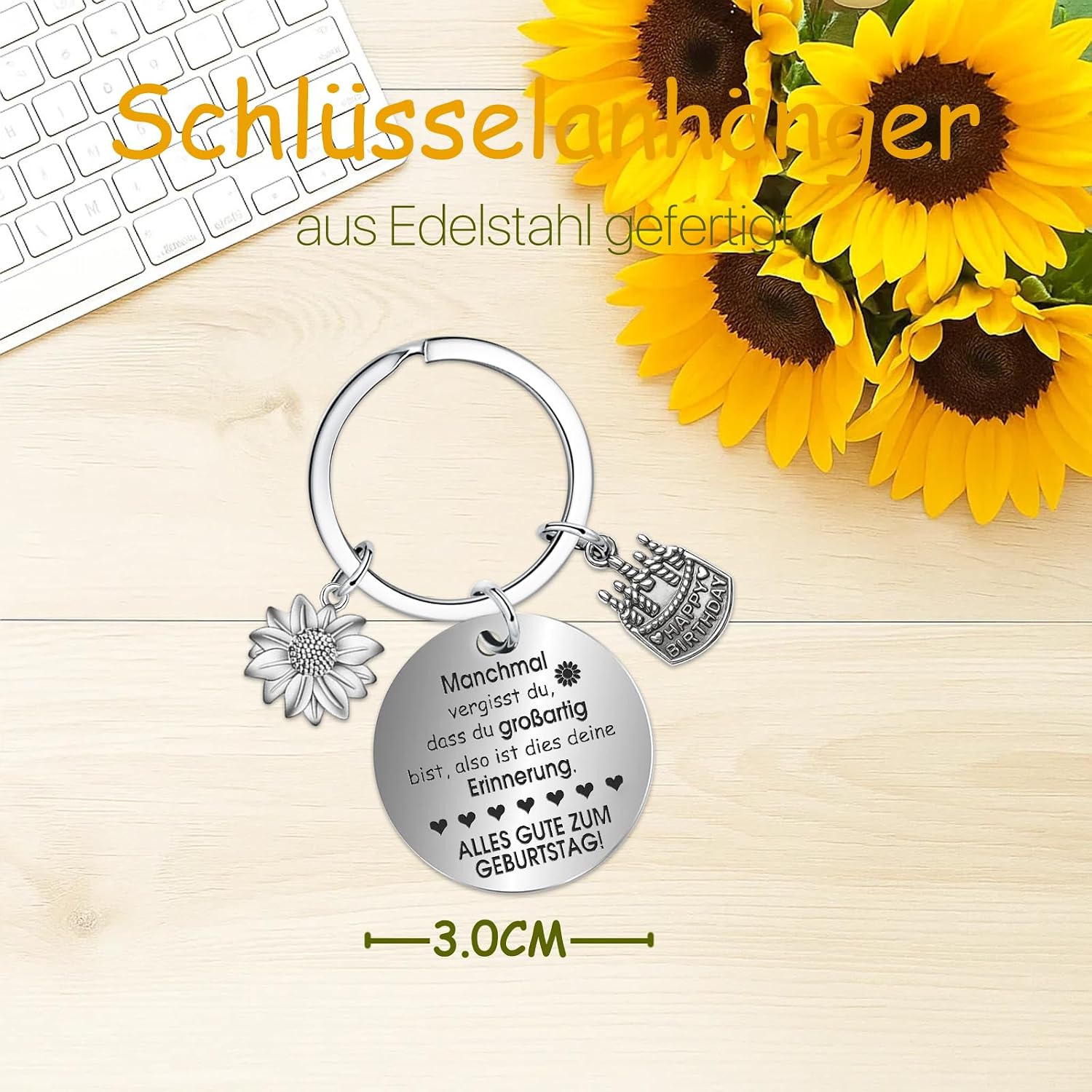 Detalle de Farbeele Positive Sonnenblume & Glücksbringer-Schlüsselanhänger (Pocket Hug Figur) – Geburtstagsgeschenk mit Wunschkarte